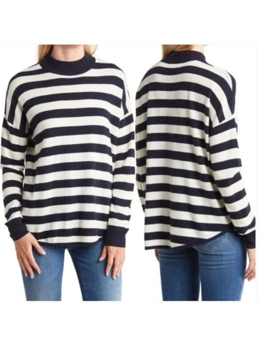 Madewell Ashbury Mockneck Sweater in Navy Stripe - Size S